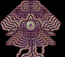 a purple and yellow pixel art of a squid with a glowing eye