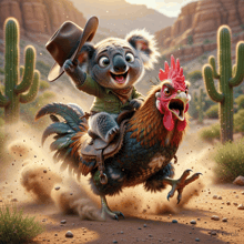 a koala bear is riding a rooster in the desert