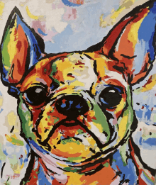 a colorful painting of a dog with a sad look on his face