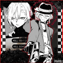 a black and white drawing of a man holding a gun with the words kill some on the bottom right