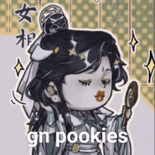 a cartoon of a woman looking at herself in a mirror with a caption that says `` gn pookies '' .