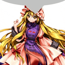 a girl with long blonde hair is wearing a pink and purple dress and a hat .