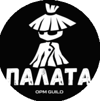 a black and white logo for opm guild with a samurai on it