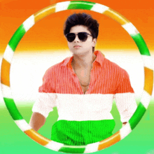 a man wearing sunglasses and a red white and green shirt is surrounded by a circle