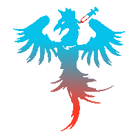 a blue and red silhouette of a bird with a sword