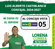 an advertisement for luis alberto castiblanco shows a man in a green shirt