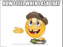 a smiley face with a hat and a plate of food says how i feel when i ask that .