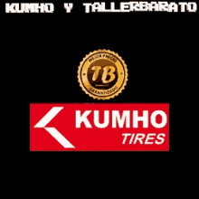 a red sign that says " kumho tires " on a black background