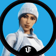 a woman wearing a white beanie is in a circle