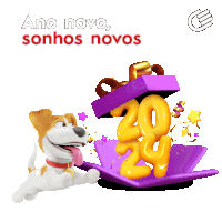 a cartoon dog jumping out of a purple box with the number 20 on it