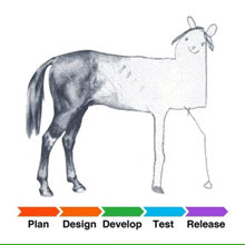 a drawing of a horse with the words plan design develop test and release below it