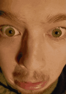 a close up of a person 's face with green eyes and a beard