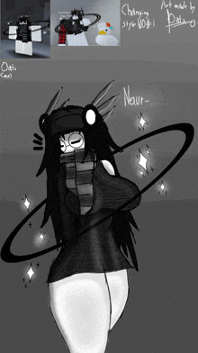 a black and white drawing of a girl with the name naur on the bottom