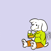 a cartoon drawing of a dog eating a piece of pie