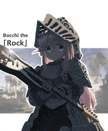 a drawing of a girl holding a guitar and the words bocchi the rock