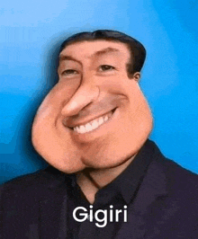 a cartoon of a man with a big nose and a big smile on a blue background .