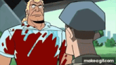 a man in a bloody shirt is talking to a police officer .