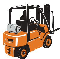 a man is driving an orange forklift with the letter n on the side