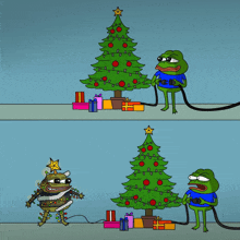 a cartoon of two frogs decorating a christmas tree with presents