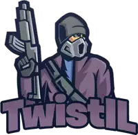 a logo for twistil shows a man with a gun