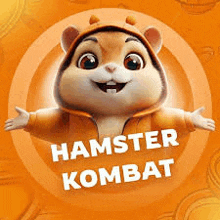 a hamster wearing a hoodie is standing in a circle with its arms outstretched on an orange background .