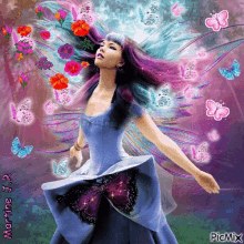 a painting of a woman in a blue dress surrounded by butterflies and flowers by martine r.