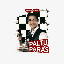 a poster for paltu paras shows a man holding a chess piece in front of a checkered background