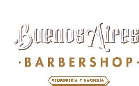 a logo for buenos aires barbershop is shown in white and gold