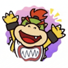 a cartoon drawing of bowser with his arms in the air and his mouth open .