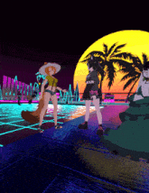 a group of cartoon characters are standing in front of a sunset and palm trees