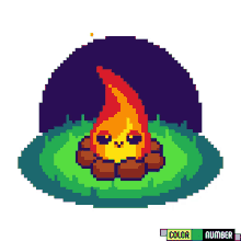 a pixel art drawing of a campfire with the words color by number underneath it