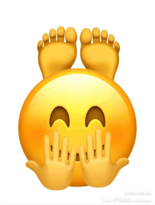 a smiley face with feet and hands covering its mouth