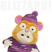 a cartoon hamster wearing a purple hat and sweater with the word blizzard behind it