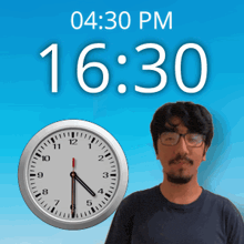 a man with glasses stands in front of a clock that says 1630