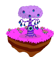 a cartoon drawing of a purple tree with a big eye