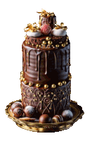 a three tiered chocolate cake with gold beads and berries