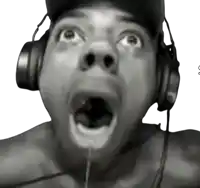 a man wearing headphones is making a surprised face