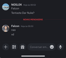 a screenshot of a conversation with noslek and falcon