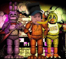 a group of five nights at freddy 's characters with one wearing a shirt that says spitf