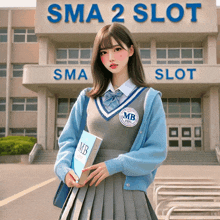 a girl standing in front of a sma 2 slot building