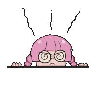 a cartoon drawing of a girl with pink hair and glasses with steam coming out of her head