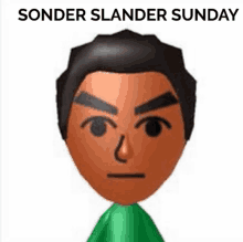 a cartoon of a man with a green shirt and the words `` sonder slander sunday '' behind him .