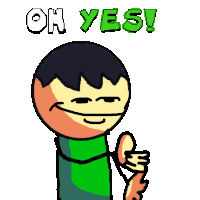 a cartoon of a man giving a thumbs up with the words oh yes behind him