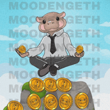 a cartoon of a cow sitting on a pile of gold coins