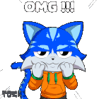a cartoon of a blue cat with the words omg written on it