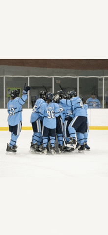 a group of hockey players are huddled on the ice and one of them has the number 96 on their back