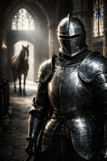 a knight with a horse in the background is wearing armor