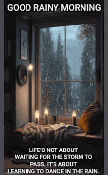 a poster that says good rainy morning with a window