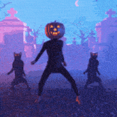 a person with a pumpkin head is dancing in a cemetery