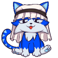 a cartoon drawing of a blue and white cat wearing a white hat